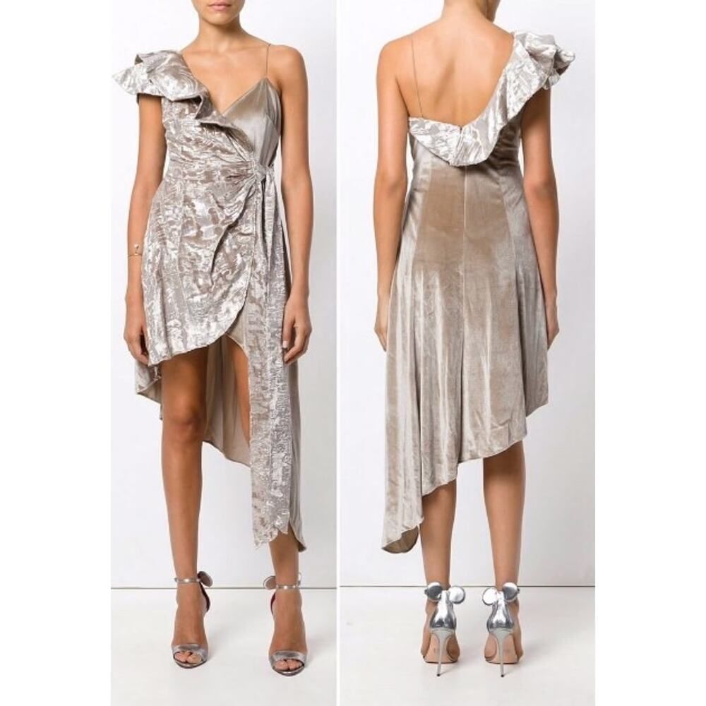 Self-Portrait Devore One Shoulder Velvet Wrap Dress US 6 UK 10 Gold Asym